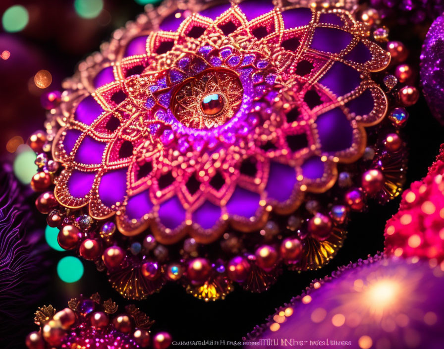 Detailed Purple and Gold Ornament with Colorful Christmas Balls