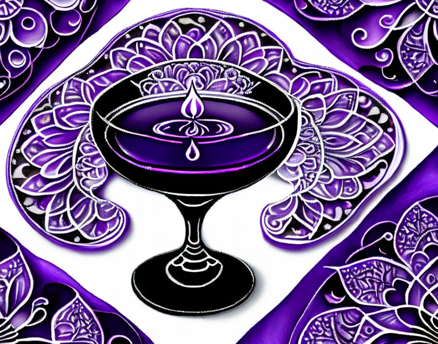 Stylized purple goblet with drop on intricate mandala background