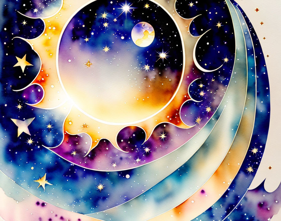 Colorful cosmic artwork: swirling galaxy, sparkling stars, celestial bodies