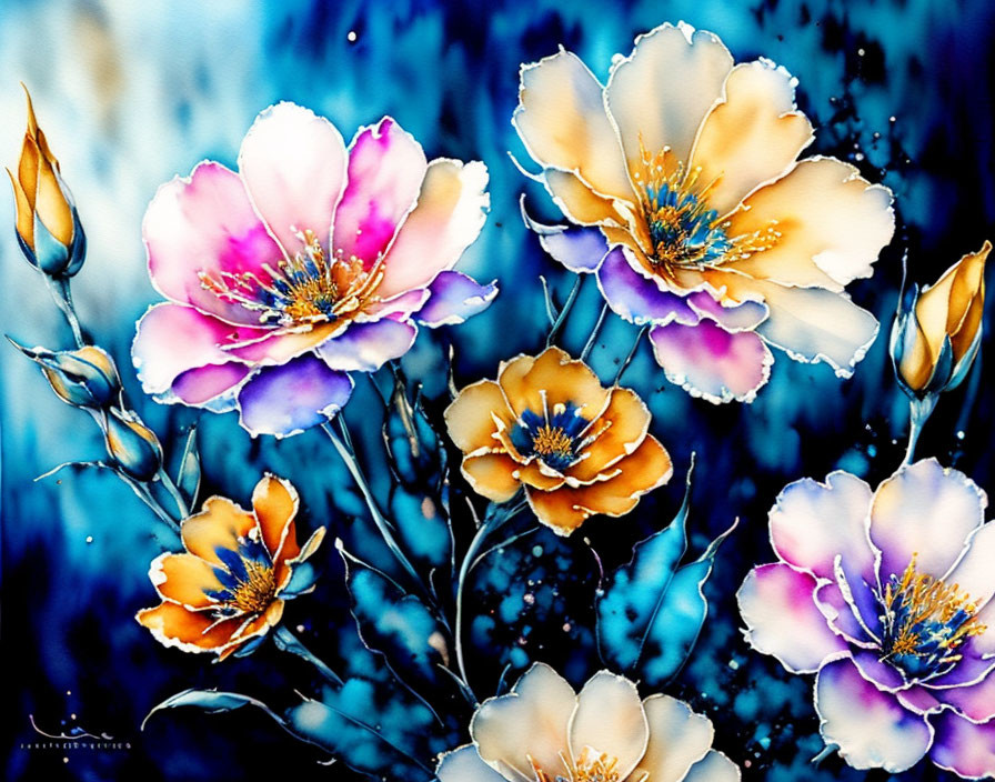 Colorful Watercolor Painting of Pink and White Flowers on Blue Background