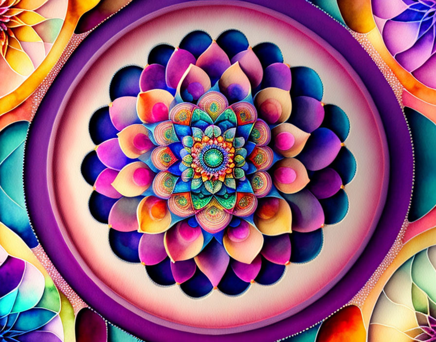 Multicolored digital mandala with intricate symmetrical patterns