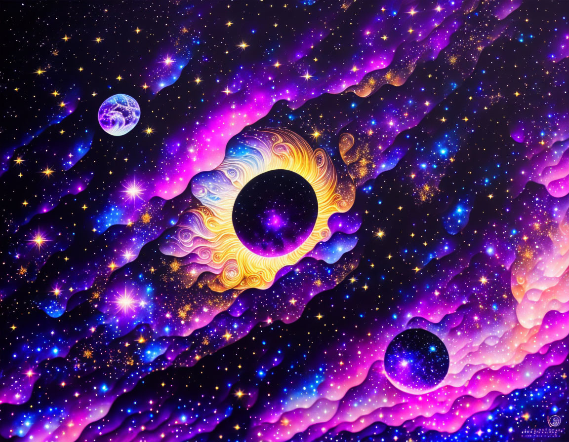 Colorful cosmic painting featuring black hole, stars, planets, and nebula in purple, blue,