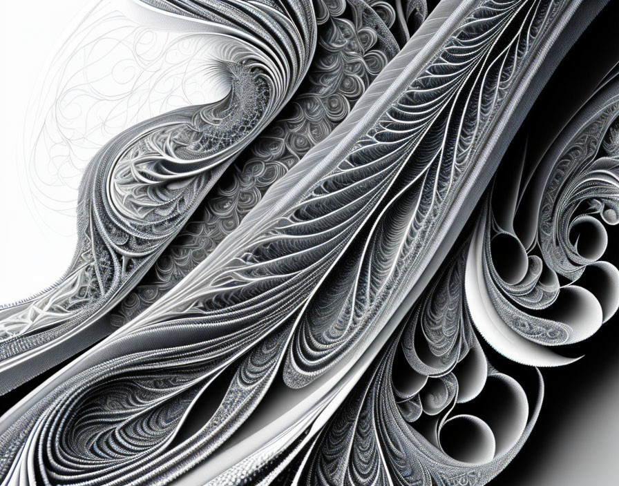 Detailed Monochrome Digital Art with Swirling Patterns & Feather-like Textures