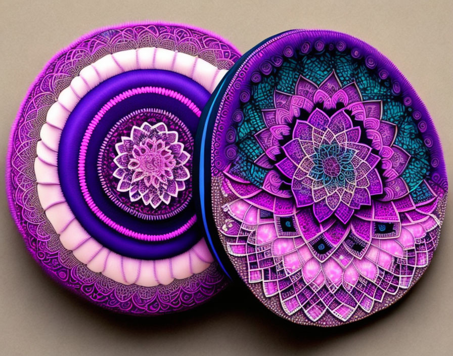 Vibrant Purple and Blue Mandala Designs on Circular Beige Background