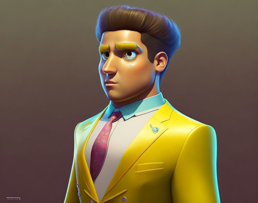 Colorful 3D illustration of male figure in yellow suit with bushy eyebrows