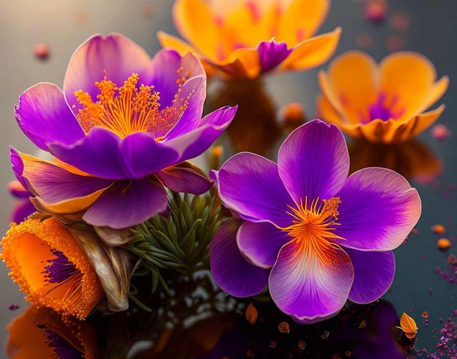 Colorful purple and orange flowers with yellow stamens on blurred background