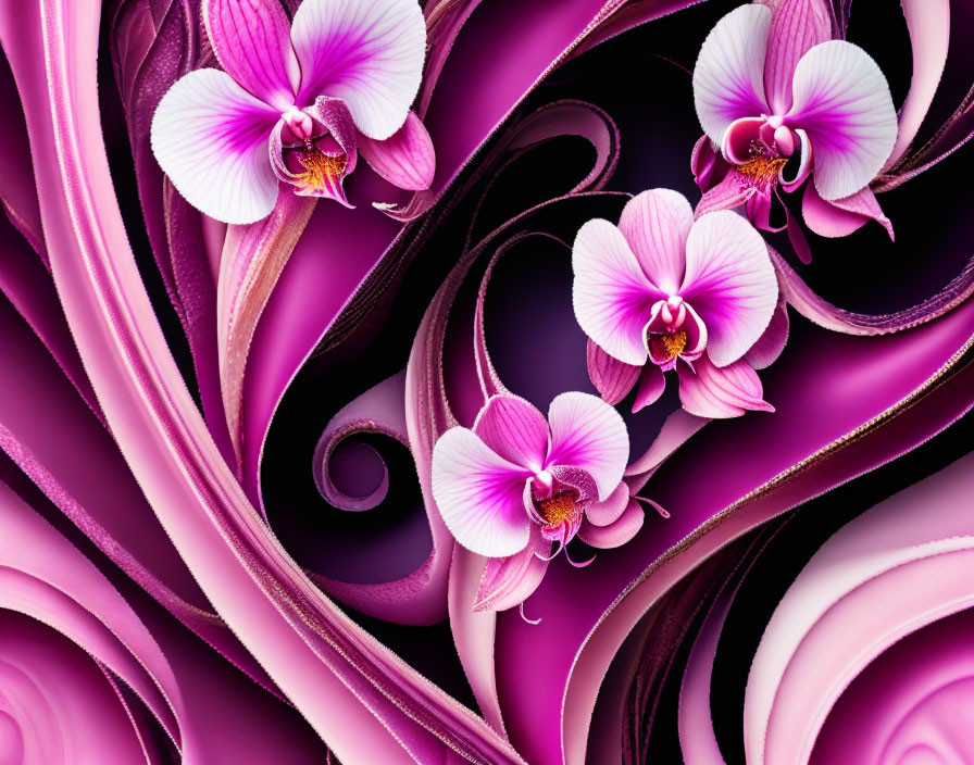 Colorful digital artwork: Purple orchids with abstract pink and white patterns