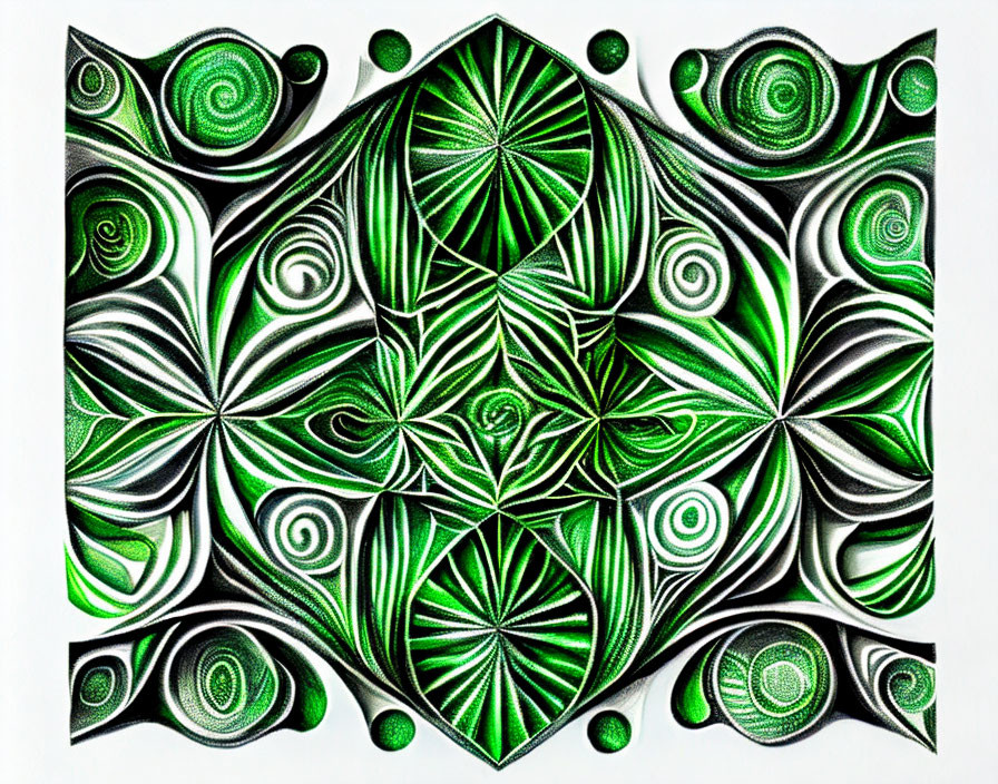 Symmetrical Black and Green Abstract Art with Floral and Spiral Motifs