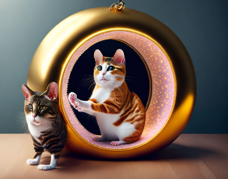 Cat beside glowing golden pocket watch with illustrated interior.