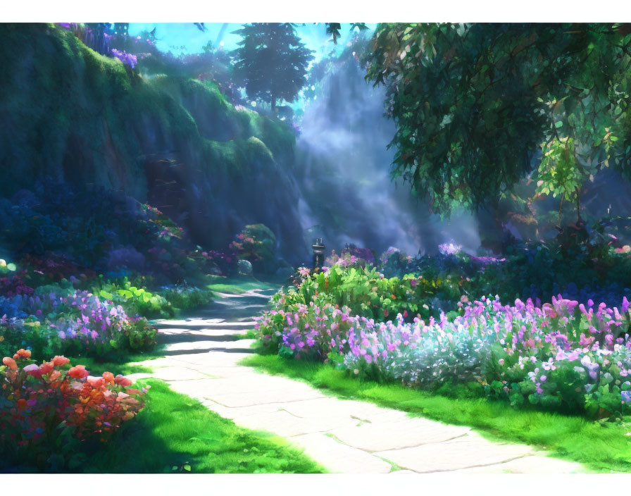 Tranquil garden path with flowers and sunlit waterfall