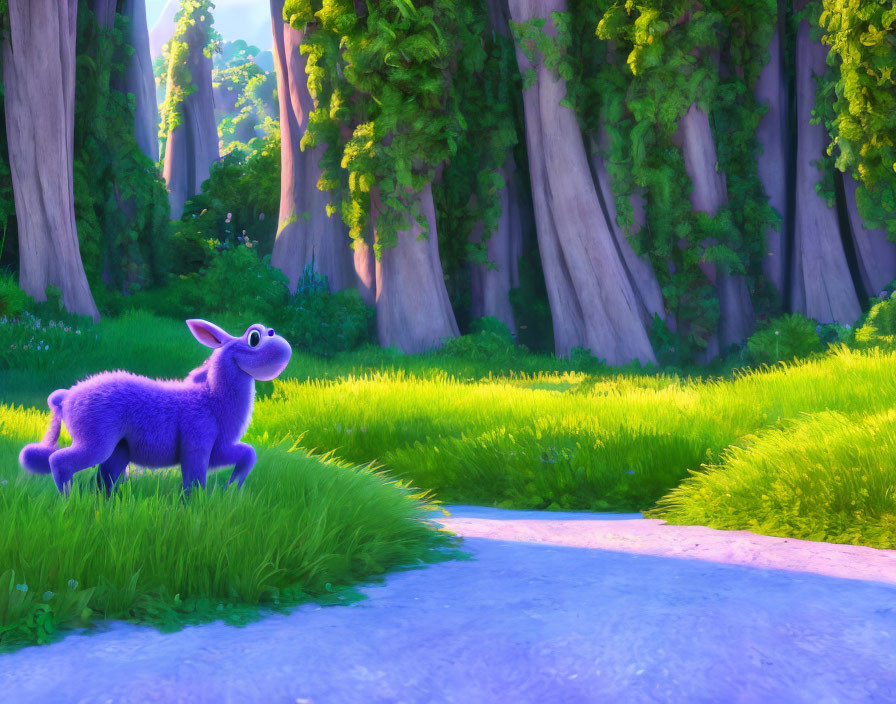 Purple animated rabbit in lush forest with tall trees and winding path