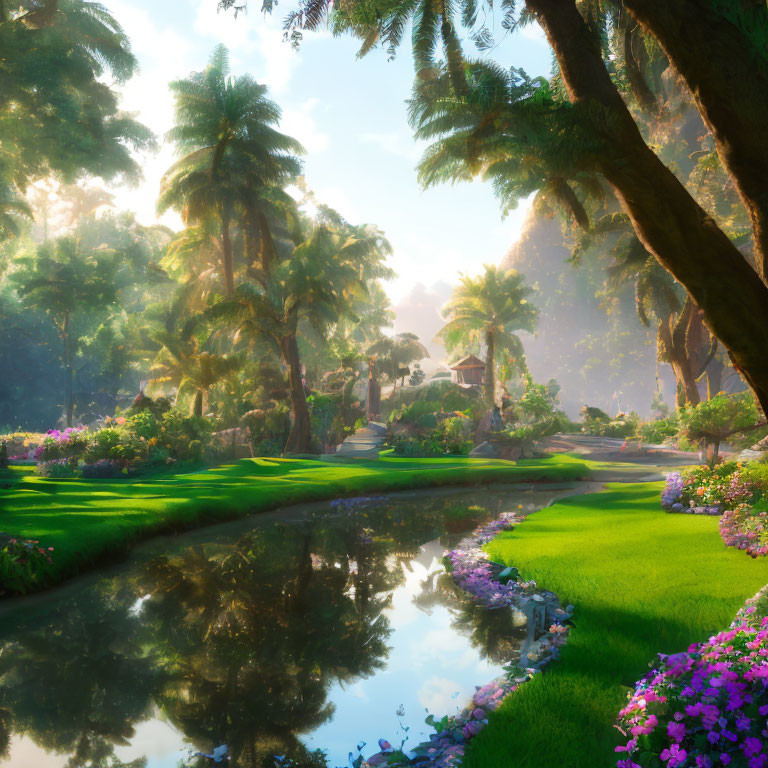 Tranquil Tropical Garden with Pond, Palm Trees, and Gazebo