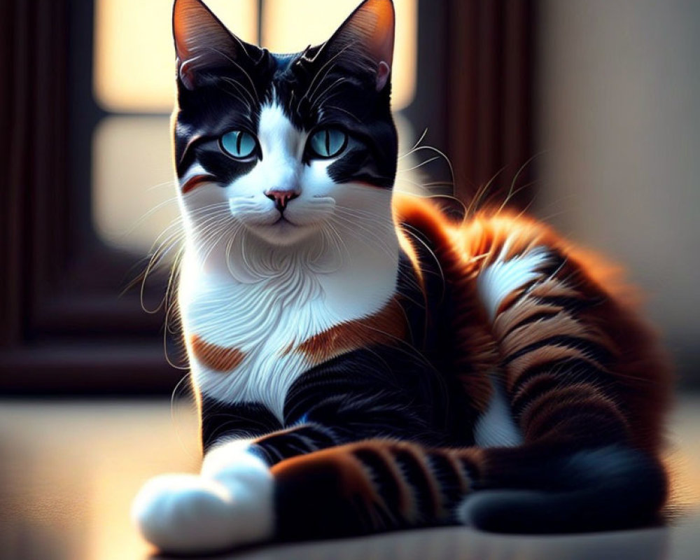 Black and White Cat with Orange Markings Sitting by Window