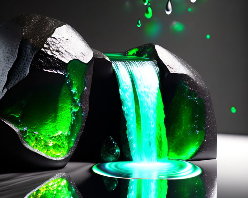 Vibrant green liquid cascading from shattered glass container on dark background