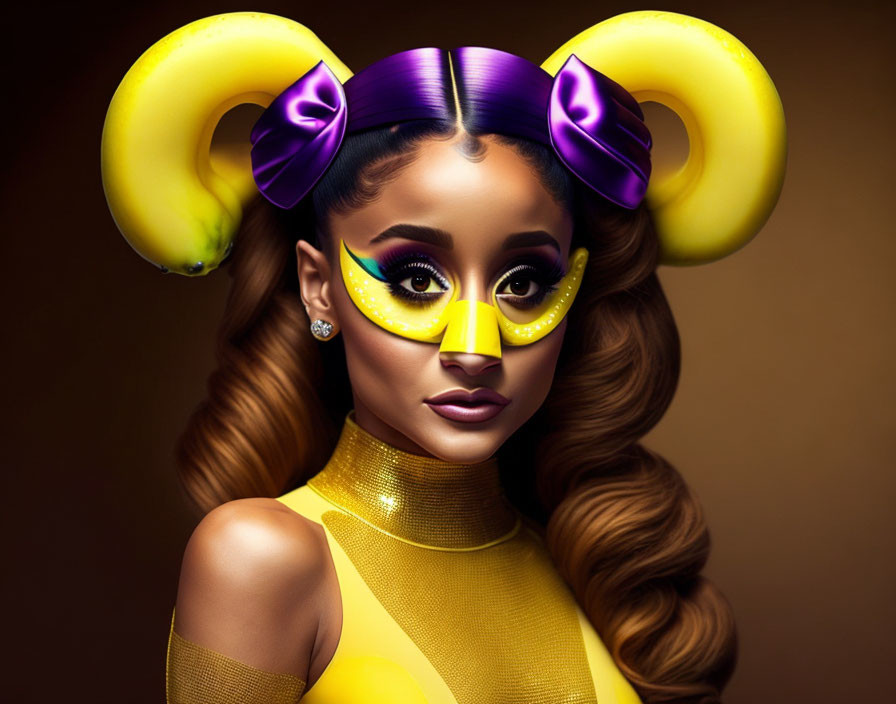 Woman with artistic makeup, yellow glasses, purple bow hair styled like ram horns on brown background