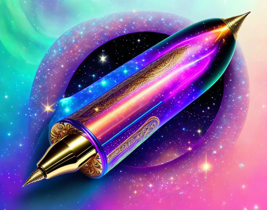 Colorful Rocket Pen Soaring in Star-Studded Space