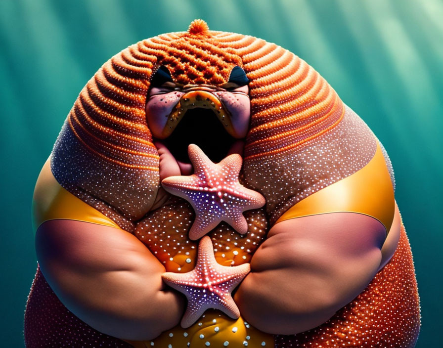 Colorful animated character with starfish detail on chest against sea-green background