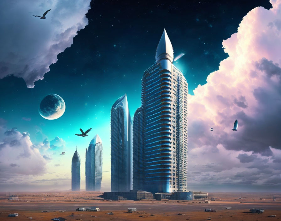 Modern skyscrapers under twilight sky in futuristic desert cityscape