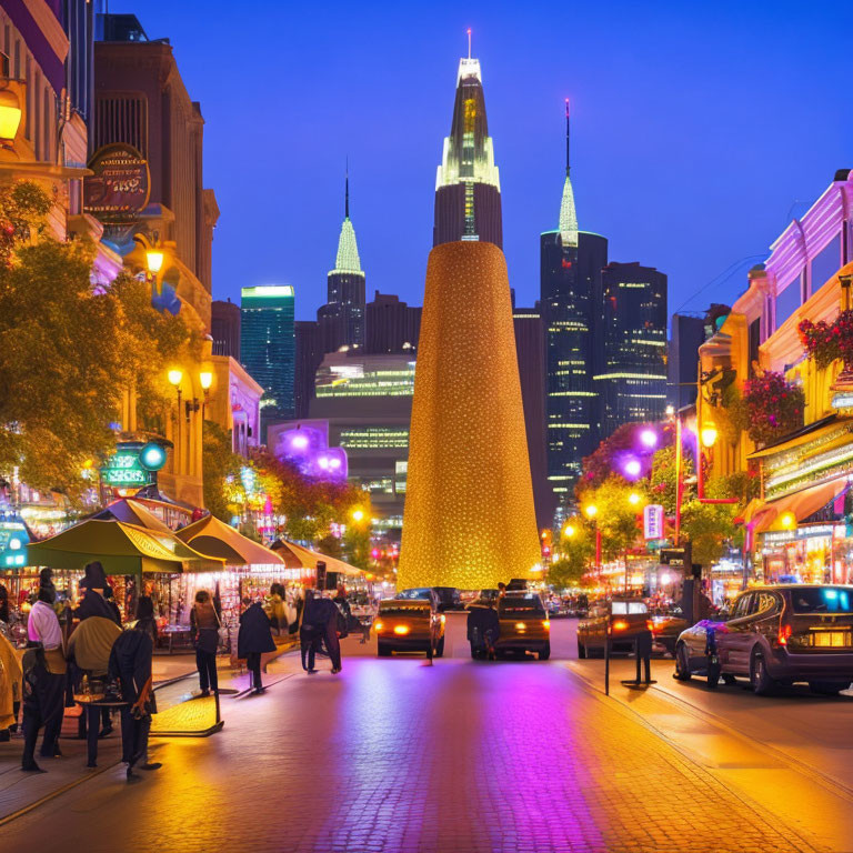 City street at dusk: pedestrians, neon signs, conical sculpture, streetlights, twilight sky.