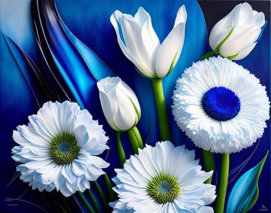 Colorful floral painting featuring white tulips and daisies on dark background