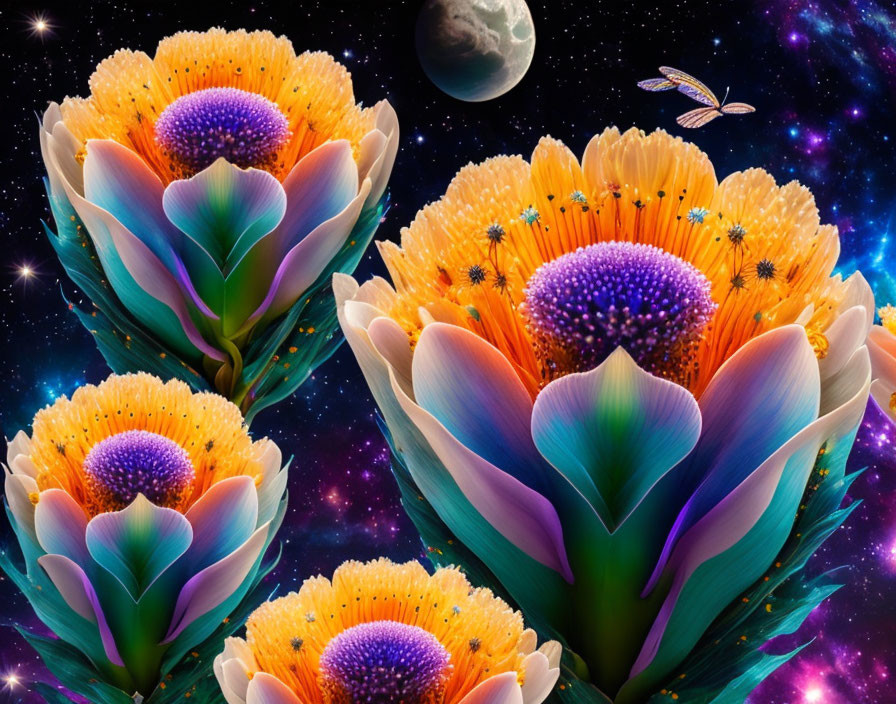 Colorful surreal flowers with cosmic background: stars, planet, butterfly