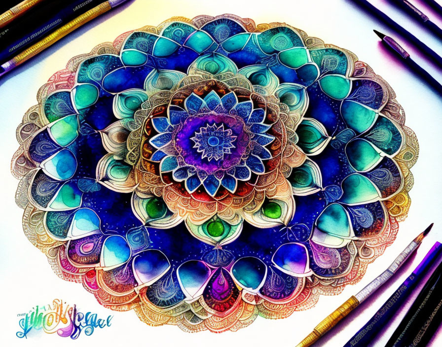 Colorful Hand-Drawn Mandala with Intricate Patterns and Coloring Pencils