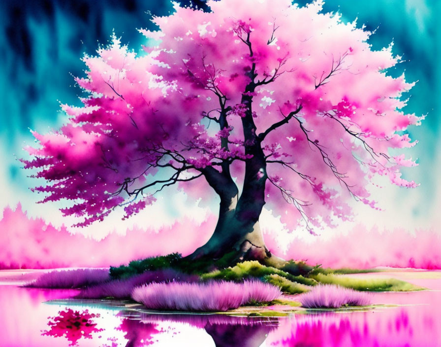 Colorful Cherry Blossom Tree Artwork by Water Reflecting Vibrant Colors