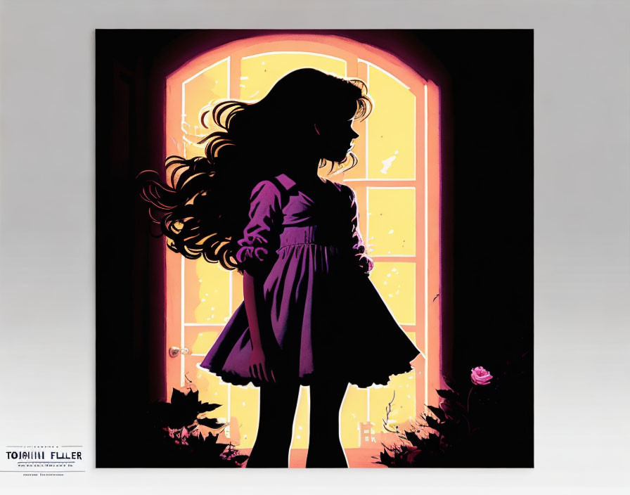 Silhouetted girl in front of illuminated doorway with flowing hair and dress.