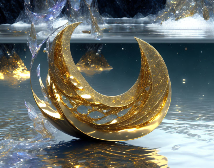 Intricate Golden Crescent Object Floating on Water