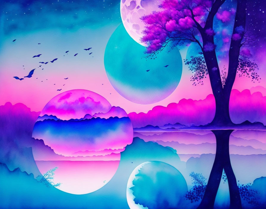 Colorful artwork: silhouetted tree, moons, birds, purple-pink sky, clouds