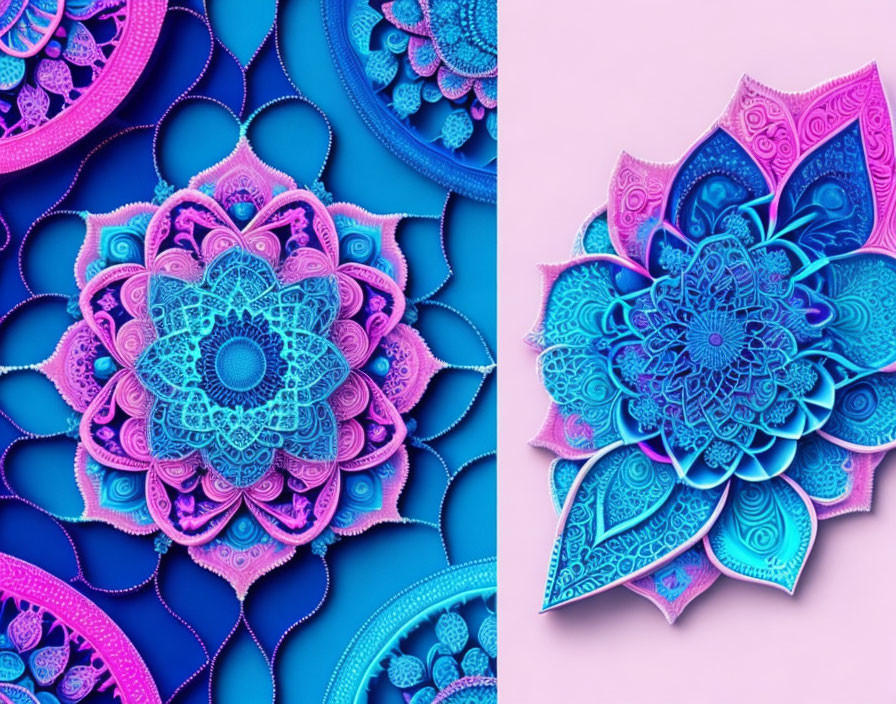 Colorful 3D mandala patterns in blue and pink