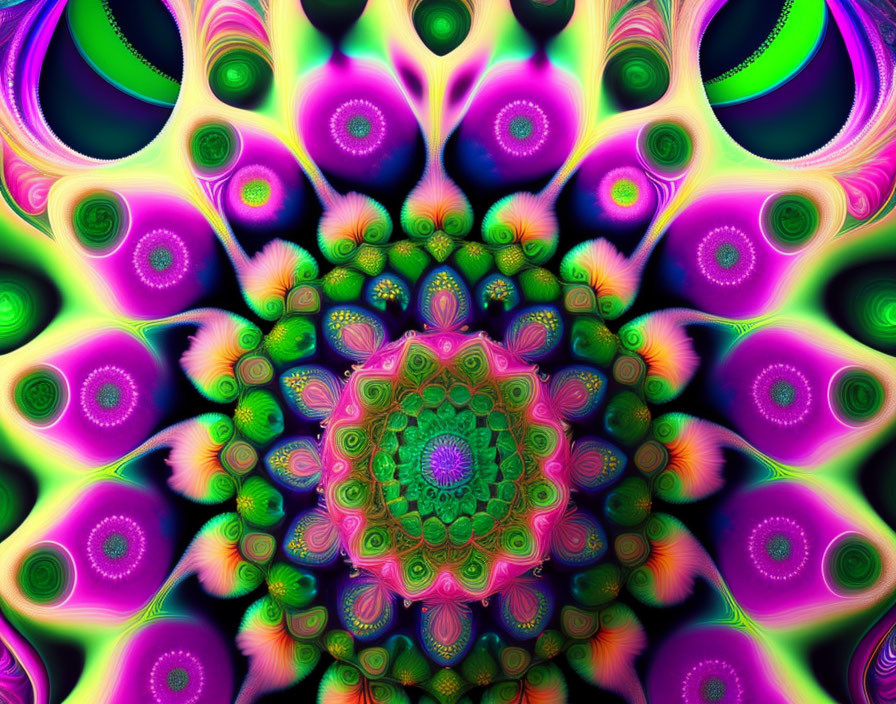 Colorful symmetrical fractal pattern in green, purple, and pink layers