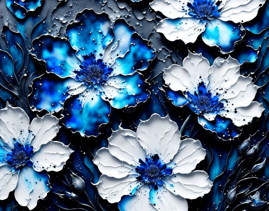 Blue and White Abstract Flowers with Wet, Glossy Finish and Dark Accents