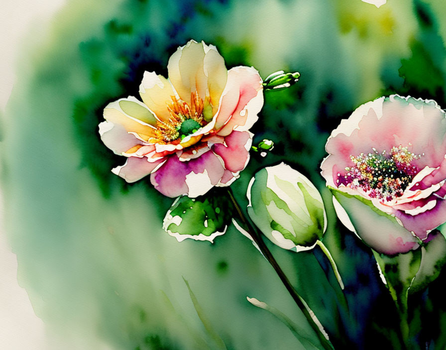 Delicate Pink Flowers Watercolor Painting with Soft Green Background