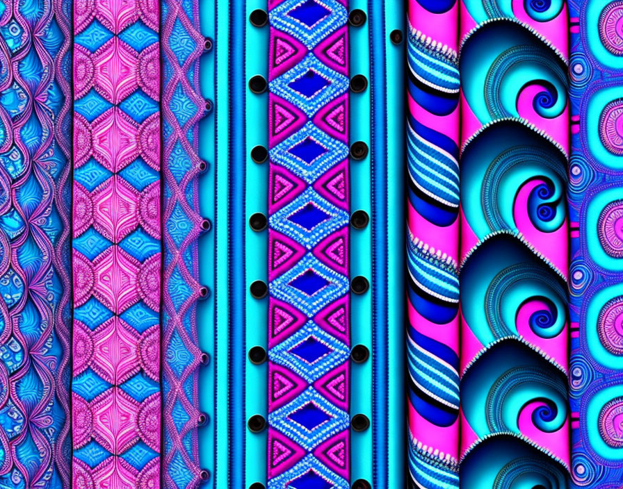 Colorful abstract digital artwork with neon geometric patterns and spirals