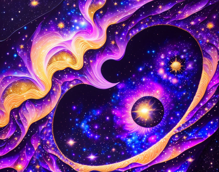 Abstract cosmic digital artwork with swirling purple and gold patterns and stars on dark background