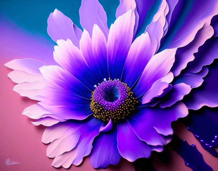 Colorful digital artwork: Purple and white flower on pink background