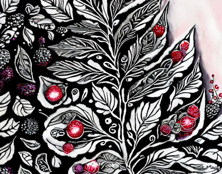 Monochrome illustration with red leaf and swirl designs