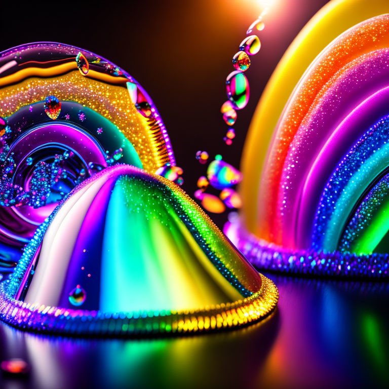 Colorful iridescent droplets on reflective surface against dark background