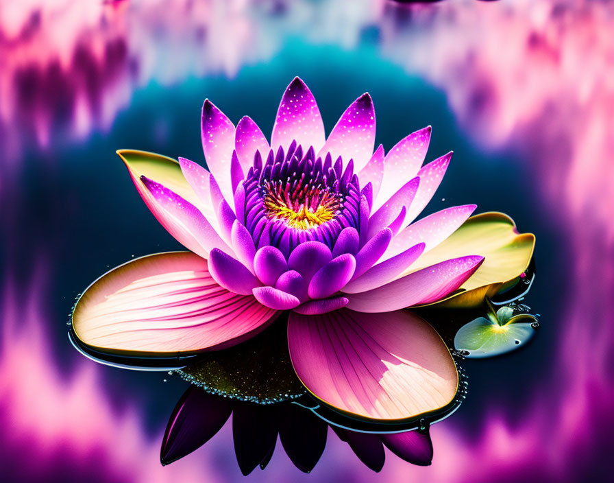 Pink lotus flower with water droplets on petals against blue and pink watery background