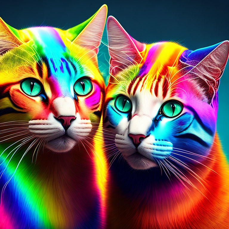 Vibrantly Colored Cats with Rainbow Fur and Blue Eyes on Dark Background