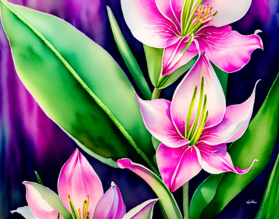 Colorful Watercolor Painting of Pink Lilies on Purple Background