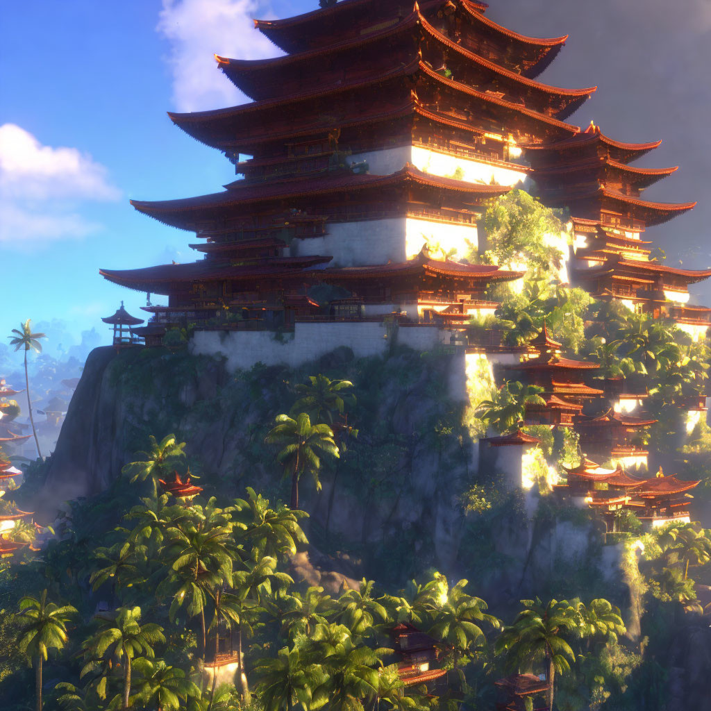 Digital artwork of multi-tiered pagoda on lush cliff landscape