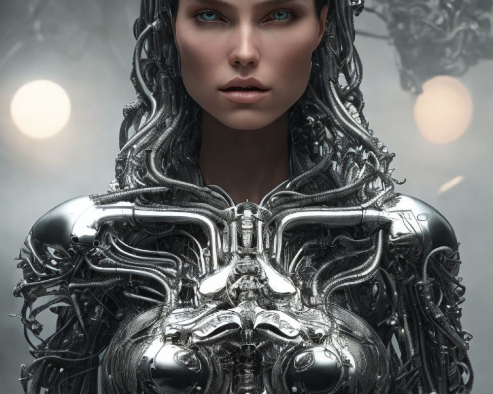 Detailed female cyborg with metallic body and blue eyes