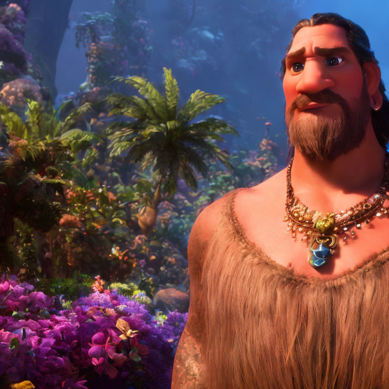 Long-haired, bearded character in tropical setting with vibrant foliage and flowers