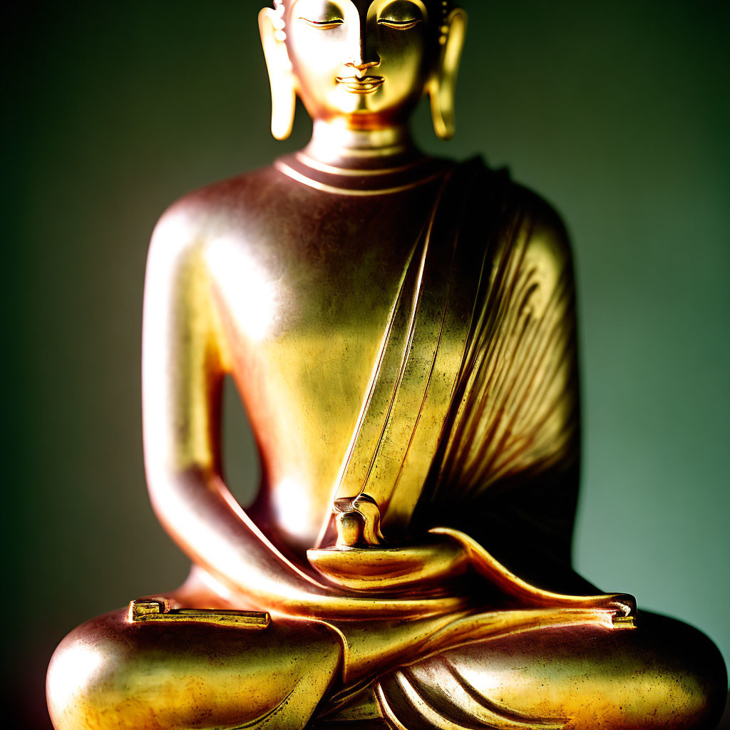 Serene Golden Buddha Statue in Robe on Green Background