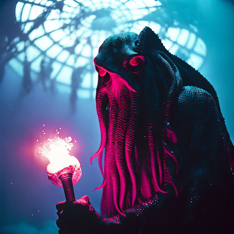 Mystical creature with tentacles holds torch under glowing dome structure