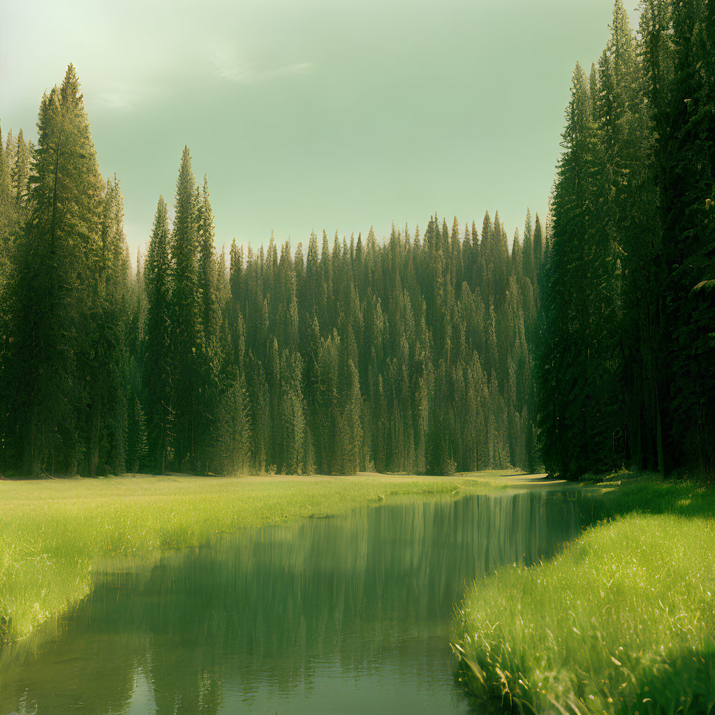 Tranquil forest river scene with tall green pines under soft light