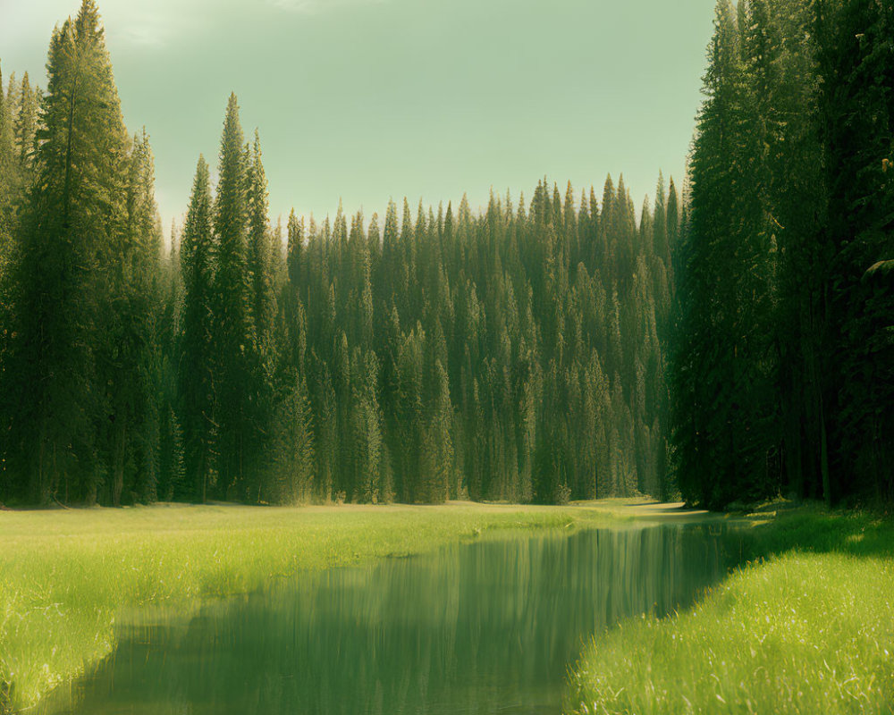 Tranquil forest river scene with tall green pines under soft light