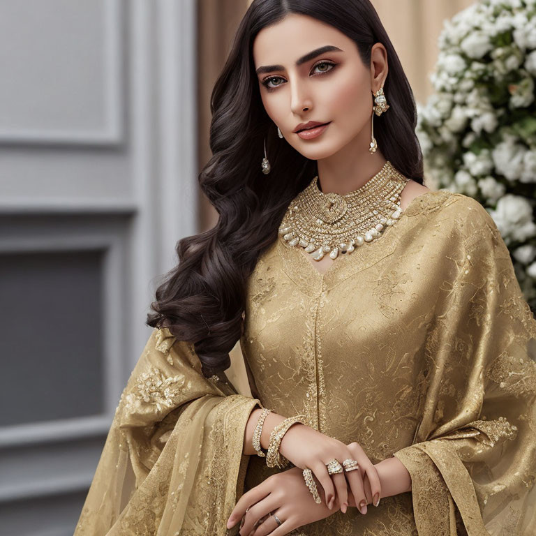 Traditional South Asian Attire: Elegant Woman in Floral Setting